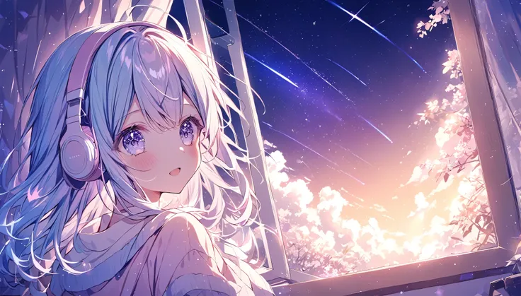 ,Meteor shower outside the window,Sparkling starry sky,Pastel colors,headphone,A girl with a fluffy atmosphere,A sky full of stars