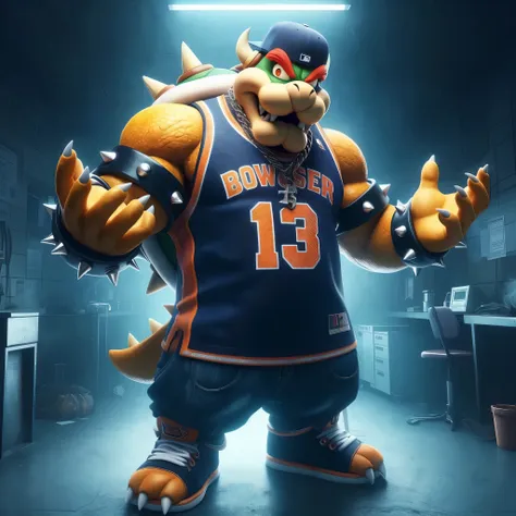 a muscular bowser koopa dressed in rap/hip-hop streetwear in a very dark lab. bowser (clothes(wears an oversized basketball jers...