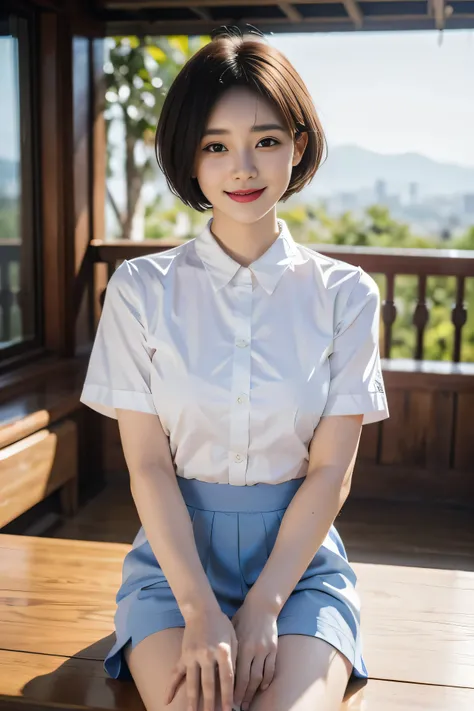 high quality, table top, High resolution,wearing white uniform student skirt blue short, 1 girl,very beautiful face,((very short hair)),(Ultra-high definition image of an extremely beautiful face) hair ornaments, gem diamond,realistic, thailand day view、bl...