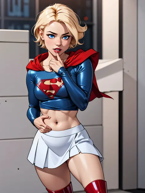Blonde girl with short hair, blue eyes, wearing A pale blue latex long sleeve shirt showing belly, wearing a short white skirt and a A short red cape and red boots