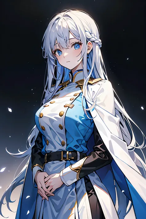 White uniform and pure white cape、Beautiful woman、A dignified face、Gray Hair、Blue Eyes、Looking at the camera、The whole body is painted。Anatomically correct、。Standing。Detailed painting。Long Hair、画面内に収まるCharacter portrait。Character portrait。Military uniform ...