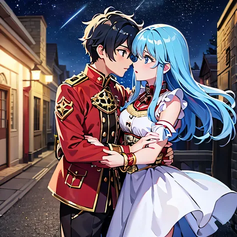 A girl with blue eyes and light blue hair, red blouse with yellow lines, pink panties, a gold bracelet and white skirt affectionately kissing a boy with short black hair on the lips, ojos marrones, lentes, red jacket with a night castle behind them and sho...