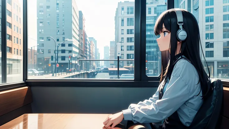 Gazing out the window from a café. A young girl with black hair, dressed in stylish clothes, is wearing headphones labeled "Lo-Fi." The girl is shown in profile, looking into the distance with a calm and relaxed expression. Her hair is meticulously rendere...