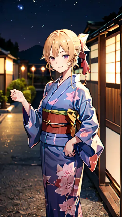 masterpiece, high quality, aaerina, sleek ponytail, ((Japanese yukata)), yukata collar, obi sash, ornate patterns, traditional fastenings, radiant smile, poised stance, hand on hip, outdoor, night view, river, ((smile)), (((highly exposed)))
