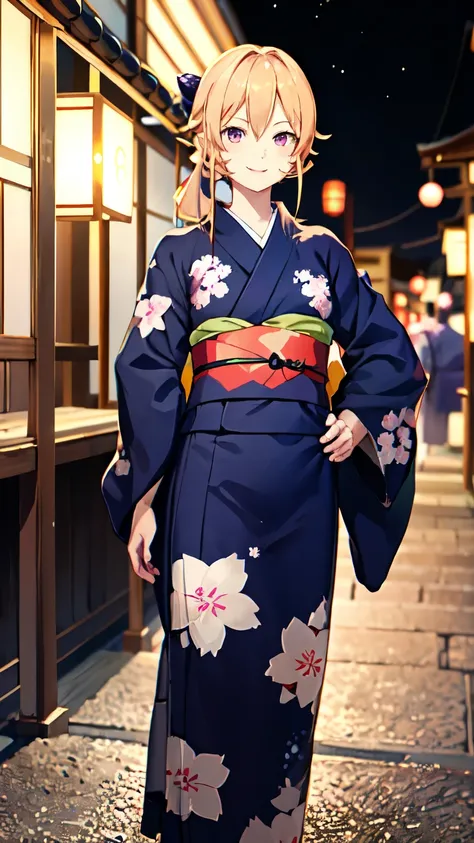masterpiece, high quality, aaerina, sleek ponytail, ((Japanese yukata)), yukata collar, obi sash, ornate patterns, traditional fastenings, radiant smile, poised stance, hand on hip, outdoor, night view, river, ((smile)), (((highly exposed)))
