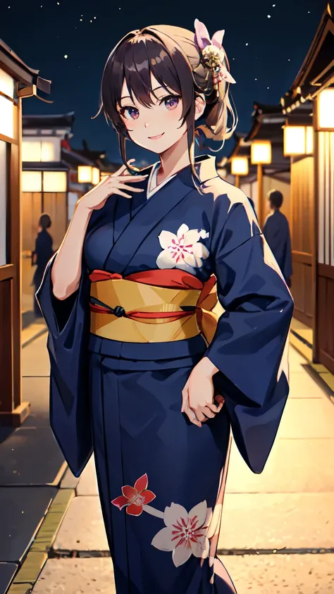 masterpiece, high quality, aaerina, sleek ponytail, ((Japanese yukata)), yukata collar, obi sash, ornate patterns, traditional fastenings, radiant smile, poised stance, hand on hip, outdoor, night view, river, ((smile)), (((highly exposed)))
