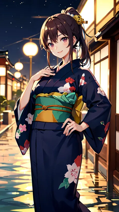 masterpiece, high quality, aaerina, sleek ponytail, ((Japanese yukata)), yukata collar, obi sash, ornate patterns, traditional fastenings, radiant smile, poised stance, hand on hip, outdoor, night view, river, ((smile)), (((highly exposed)))
