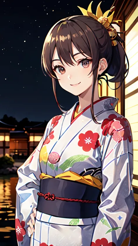 masterpiece, high quality, aaerina, sleek ponytail, ((Japanese yukata)), yukata collar, obi sash, ornate patterns, traditional fastenings, radiant smile, poised stance, hand on hip, outdoor, night view, river, ((smile)), (((highly exposed))), ((close-up))
