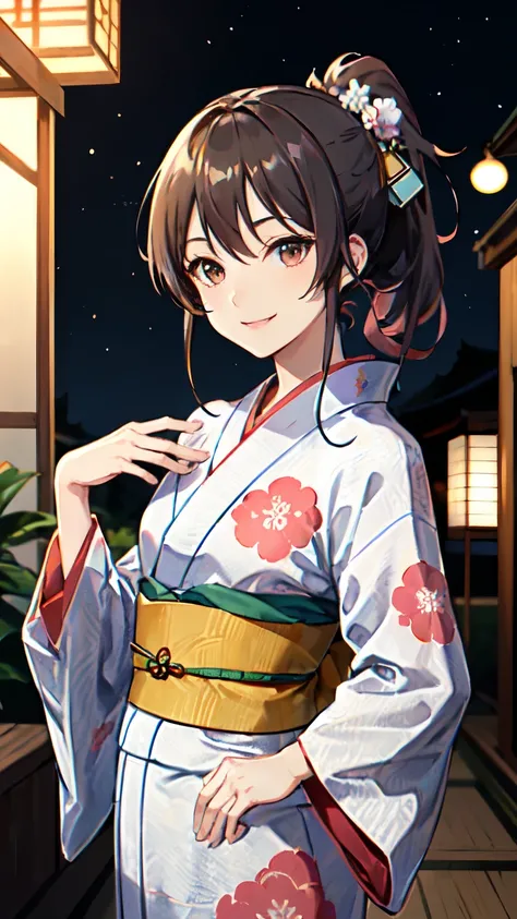 masterpiece, high quality, aaerina, sleek ponytail, ((Japanese yukata)), yukata collar, obi sash, ornate patterns, traditional fastenings, radiant smile, poised stance, hand on hip, outdoor, night view, river, ((smile)), (((highly exposed))), ((close-up))
