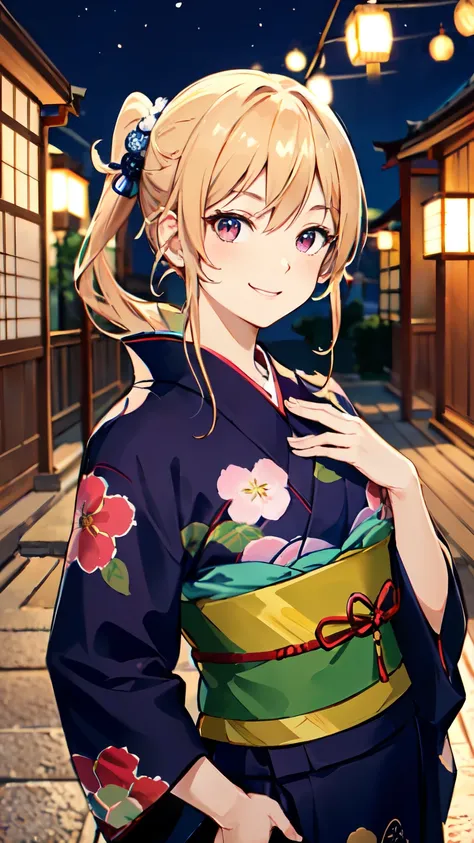 masterpiece, high quality, aaerina, sleek ponytail, ((Japanese yukata)), yukata collar, obi sash, ornate patterns, traditional fastenings, radiant smile, poised stance, hand on hip, outdoor, night view, river, ((smile)), (((highly exposed))), ((close-up))
