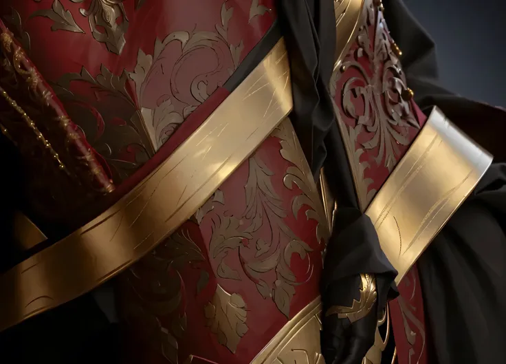 there is a red and gold dress with a black tie, photogenic details on armor, intricate armor details, 4k detail, 4 k detail, hand painted textures on model, flowing robes and leather armor, closeup of arms, close up details, ornate flowing robes, glowing l...