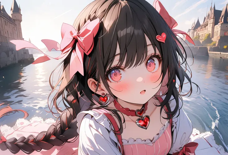 1female(princes,cute,kawaii,age of 20,long braid hair,pink,eye color ocean red,big eyes,dynamic pose,wearing beautiful heart neck dress,looking away,looking up), BREAK ,background(castle,seashore), BREAK ,quality(8k,wallpaper of extremely detailed CG unit,...