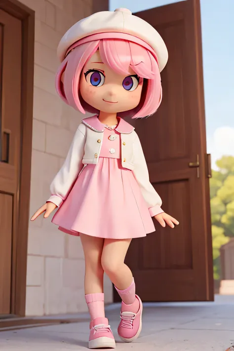 The character is a young girl with light pink hair in a bob cut, wearing a hat, light pink eyes, modern clothing. She has a friendly and intelligent personality, with a happy expression, in a chibi cartoon style, 2D