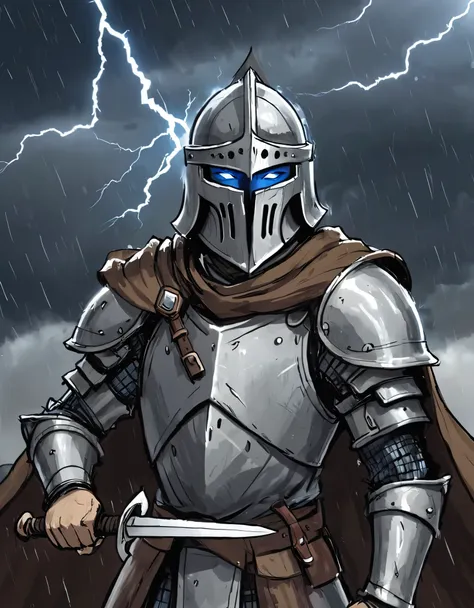 make a knight in black and white armor, with glowing blue eyes on the face of the helmet, who has a brown cape placed the helmet...