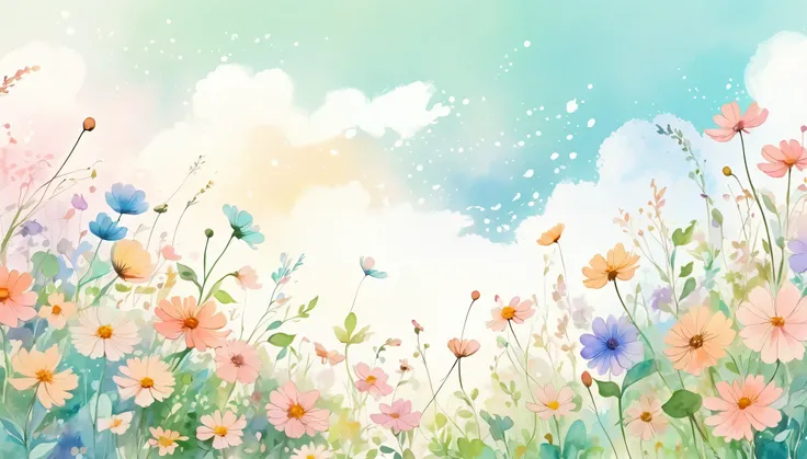 watercolor anime style, (Floral) digital art,pastel light color background, Cute art, blown by the wind, beautiful garden whimsical