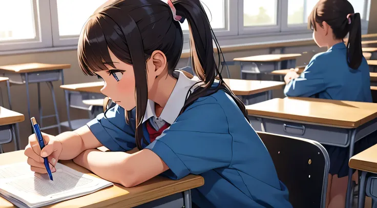 Girl studying at school, twin ponytails