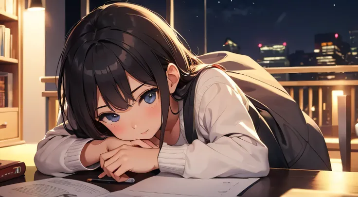 A girl studying at night, cute