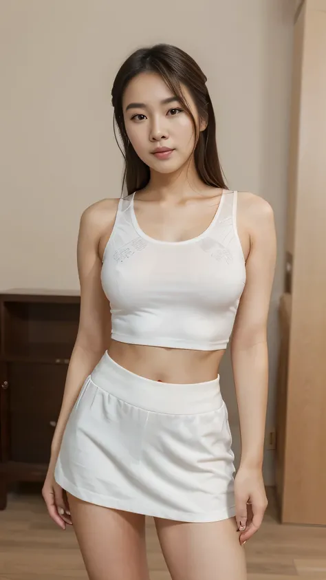 Arafed Asian woman dressed in a white patterned tight top, with sexy mini skirt pants wearing white sports shoes in full standing position, in a room, beautiful young Korean woman, 8k soft portrait shot, adorable young Korean face, beautiful South Korean w...