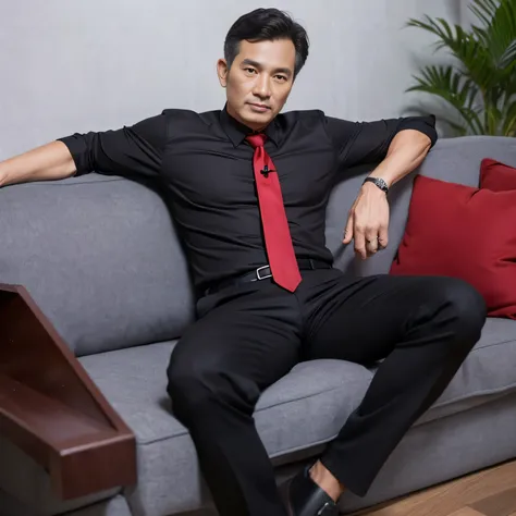 60 year old father,One Man、Black Shirt、Red tie、black slim pants、Sit on the sofa、Businessman chairman,Muscular、Very short perm、、Asian Face　Stubble、Gay、The crotch area of your trousers is bulging