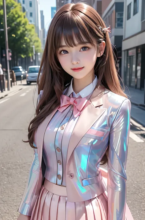 Very beautiful cute girl) (very cute face:1.2),(baby face),(sparking clear attractive large eyes:1.2), Beautiful detailed eyes, Detailed double eyelids, smiling, (realistic photograph:1.1), in the street,
(Super Shiny Metallic pale coral pink transparent h...