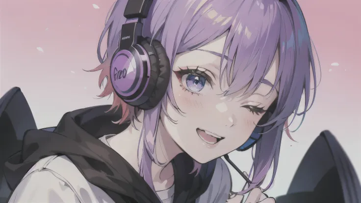 cool anime-style close-up of a girl enjoying music with headphones on, her eyes closed in bliss. She has vibrant orange and purple gradient hair. short hair. Colorful background
