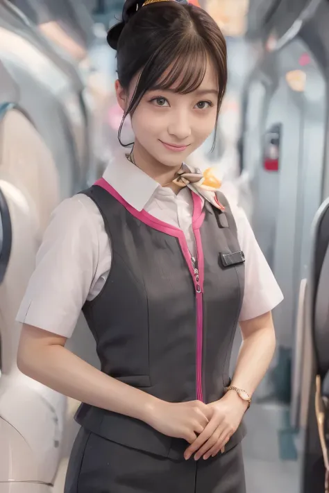 (masterpiece:1.2, Best Quality:1.2), 32kHDR, High resolution, (Alone、One Girl)、(Ride the bullet train、Professional Lighting)、Car interior background、(Realistic style of JR Gran Class crew uniform)、Short sleeve blouse、Scarf around the neck、(JR Gran Class fl...