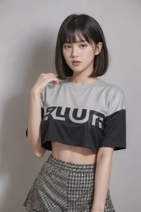 a young woman stands confidently in front of a neutral gray background, wearing a cropped black t-shirt featuring a graphic prin...