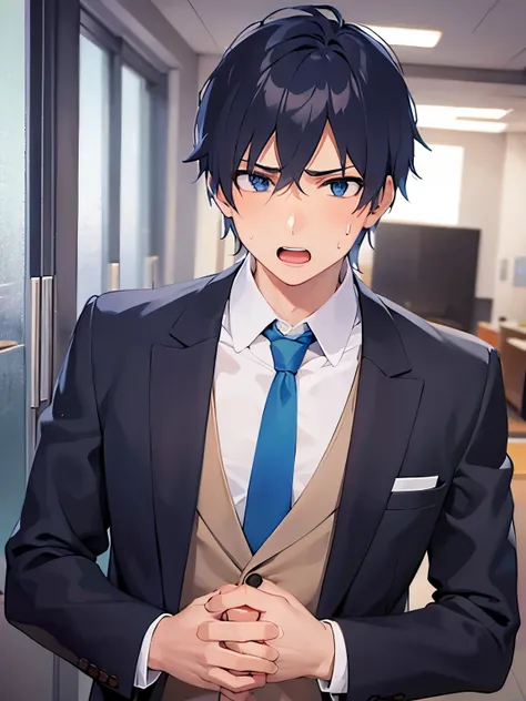 upper body、 masterpiece、Best Quality、(2 male:1.5) and (Black short hair) and (blue eyes), (Wearing a suit:1.5) and (Blue tie)、Standing、(surprised:1.5), (sweat:1.3)、open mouth, The background is an office interior、(Alone:1.5)
