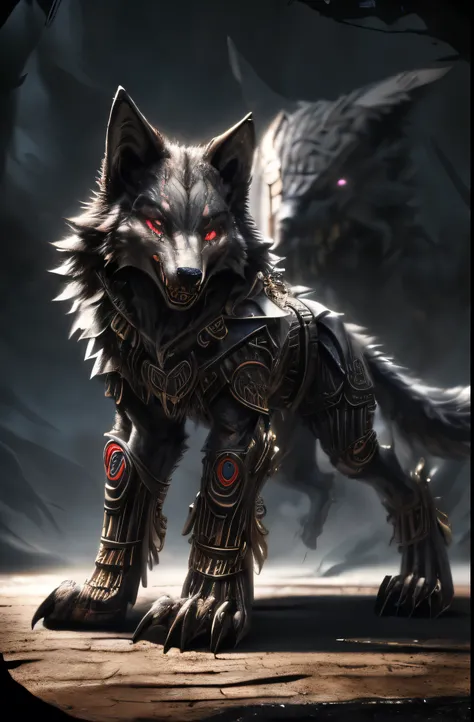 ((feral)), ((wolf)),  female, werewolf, feral werewolf, quadruple,  monster girl, evil look, sexi, claws, demonic armor, facepaint, bodypaint, red glowing eyes, combat stance,  dark aura, menacing, psychotic, highly detailed, vibrant appearance, creative b...