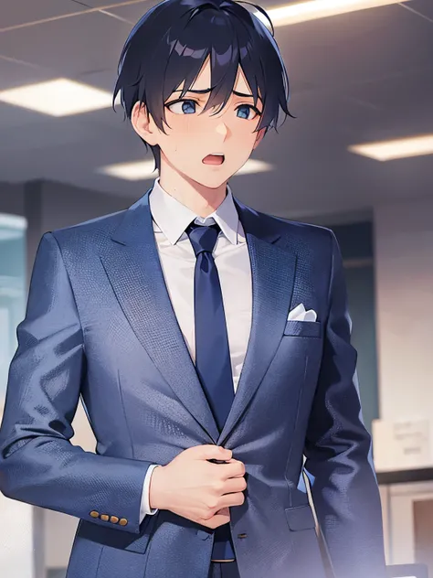 side angle, (looking away:1.5), upper body、 masterpiece、Best Quality、(2 male:1.5) and (Black short hair) and (blue eyes), (Wearing a suit:1.5) and (Blue tie)、Standing、(surprised:1.5), (sweat:1.3)、open mouth, The background is an office interior、(Alone:1.5)...