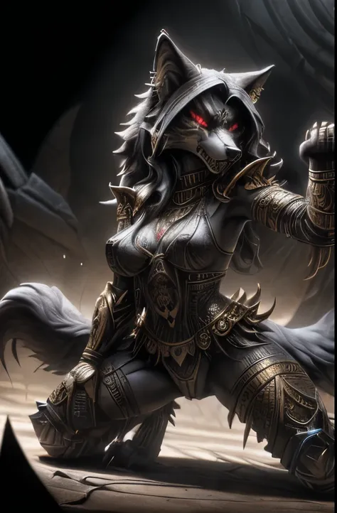 ((feral)), ((wolf)),  female, werewolf, feral werewolf, quadruple,  monster girl, evil look, sexi, claws, demonic armor, facepaint, bodypaint, red glowing eyes, combat stance,  dark aura, menacing, psychotic, highly detailed, vibrant appearance, creative b...