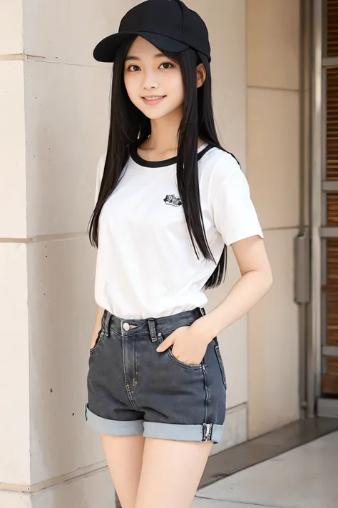 standing, wear plain black cap, smile, straight hair,, plain black-white t-shirt, denim shorts