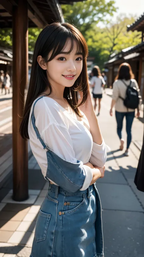(Best Quality,masterpiece:1.3,Ultra-high resolution),(Very detailed,Caustics),(Realistic:1.4,RAW shooting),(Vivid color saturation),1 girl,20 years old,Flat bangs、smile、cute、Blurred Background, C Cup、Kyoto-like, Japan、My Style、Sparkling