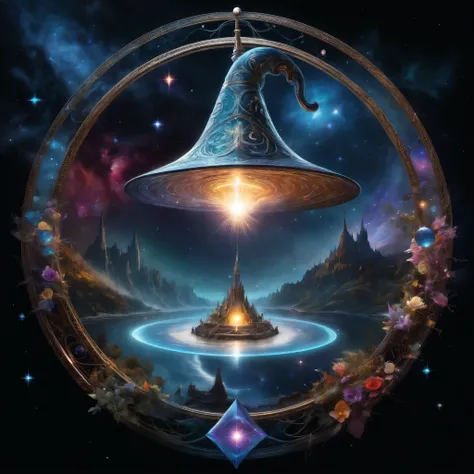 (Magic Circle:1.5), aesthetic, extremely detailed, a tattered wizards hat, hyperrealistic, hyperdetailed, photorealistic:: incredible composition, amazing depth, meticulously composed, 16k resolution concept art, fantasy :: fantasy magazine cover art, wiza...