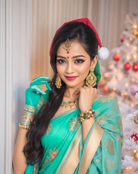 a close up of a woman in a blue sari posing for a picture, assamese aesthetic, wearing bihu dress mekhela sador, traditional bea...