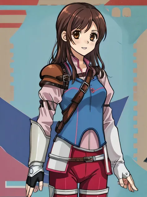 CissneiFF7R, 1girl, solo, long hair, brown hair, pink shirt, black gloves, brown eyes, belt, red pants, fingerless gloves, armor, blue vest, thigh strap