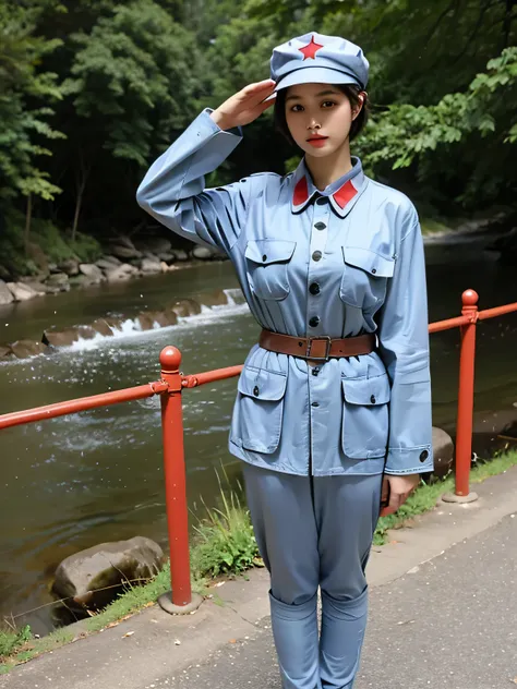 (masterpiece, best quality),high resolution,(1930s),1girl,short hair,standing,salute,(forest),mountain,river,outdoor,legs,(redarmy),(military uniform),red collar badge,military cap,red star on cap,belt,shirt,pants,