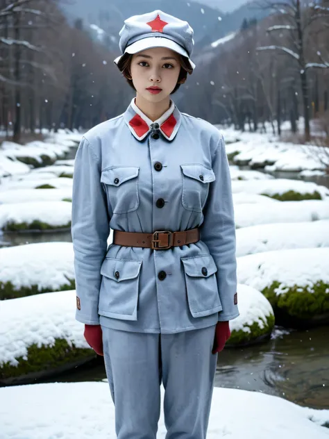 (masterpiece, best quality),high resolution,(1930s),1girl,short hair,standing,winter,(snowing),(forest),mountain,river,outdoor,legs,(redarmy),(military uniform),red collar badge,military cap,red star on cap,belt,shirt,pants,hands behind back,