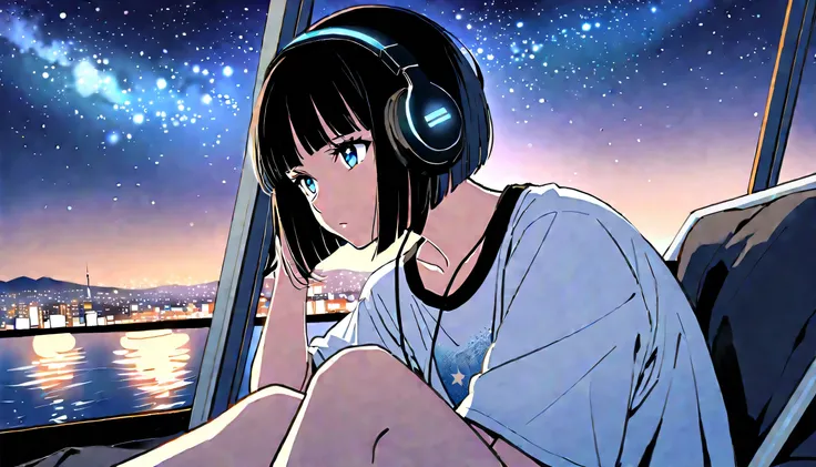 １People Women（blue eyes))　(((Shortcuts、Bobcut、Shiny black hair))) (((Are you wearing your headphones correctly?))) (Oversized black t-shirt)、Looking out at the city of Tokyo,、listen to music、Japanese、Woman gazing at the stars while camping,Starry Night,Str...