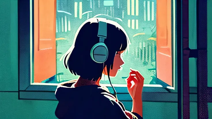 night、Girl listening to music in a cozy room, Use headphones, 2D Style Anime,  Rain outside the window、Analog Color Theme、Ghibli style、neon