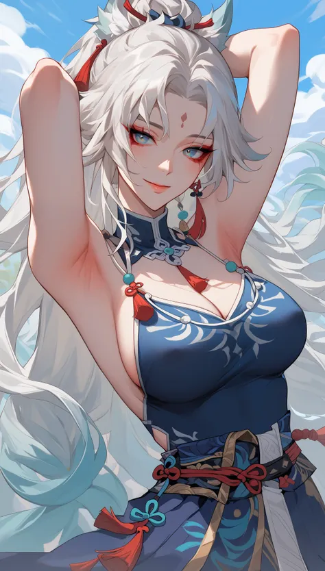 anime girl with long white hair and blue dress posing, white hair deity, by shitao, attractive anime girl, white hair, perfect w...