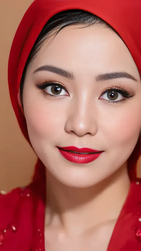 ((Realistic lighting, Best quality, 8K, Masterpiece: 1.3)), Clear focus: 1.2, 1 indonesian hijab girl, lolita , Perfect close up, beauty nude, naked, (Red hijab, medium saggy breasts: 1.3),  lace material, (indoor, night: 1.1), porn studio background, Supe...