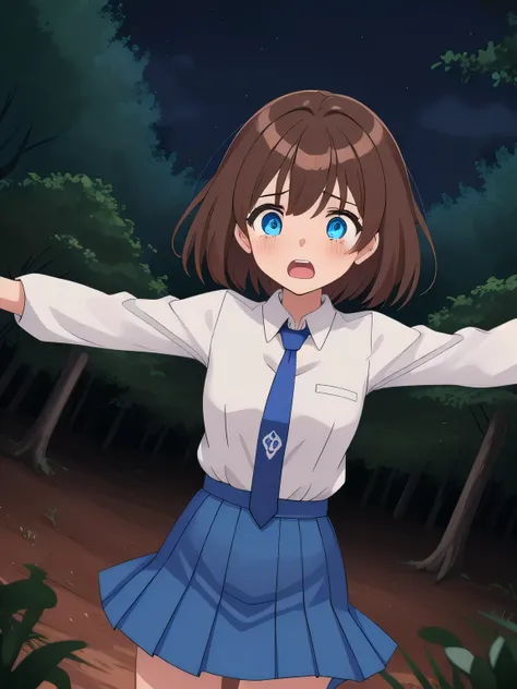 score_9, score_8_up, score_7_up, 1girl, solo, uncensored,  manainuyama, 1girl, solo, scared, turning head, hugging self, trembling,  dutch angle, white shirt, blue necktie, brown hair, blue eyes, blue skirt, outdoors, night, dark, forest,  