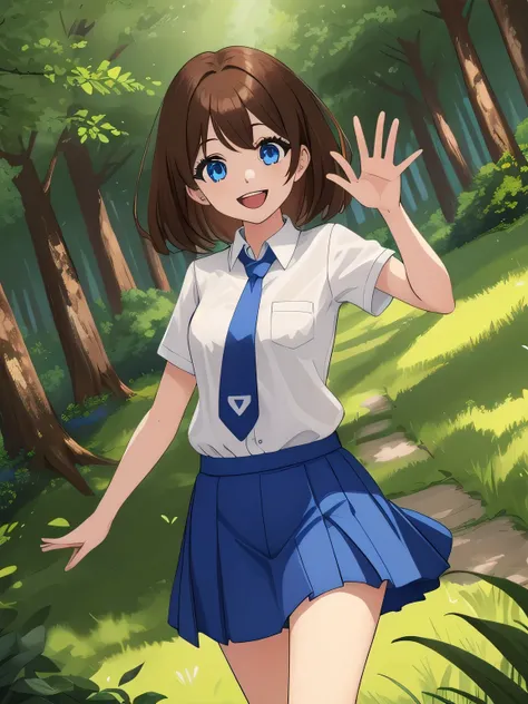 score_9, score_8_up, score_7_up, 1girl, solo, uncensored,  manainuyama, 1girl, solo, smile, open mouth, waving, looking at viewer, walking, dutch angle, white shirt, blue necktie, brown hair, blue eyes, blue skirt, outdoors, forest, path, grass, trees 