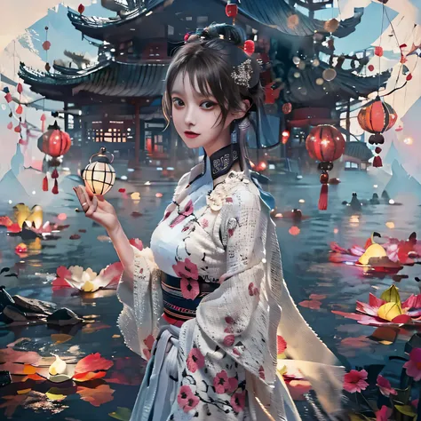 One girl，Anatomically correct,With messy hair，The white dress is not tied around the waist.，Delicate pattern，Oriental elements，Chinese Lantern，Lotus lantern floating on the river，Ink painting style, Beautiful colors,Spooky Universe, Soft lighting, ( Bokeh)...