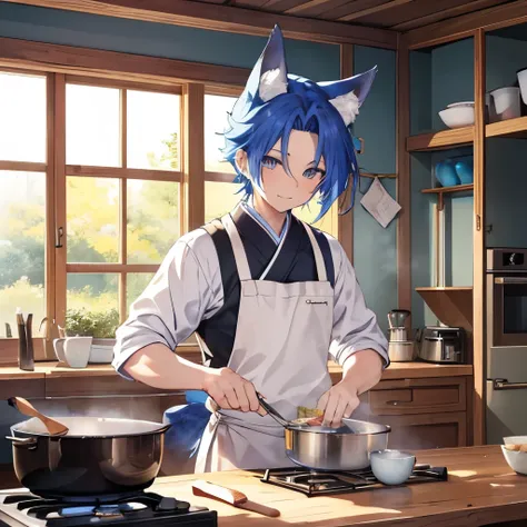 An anime-style illustration of ‘Fuakichi’ cooking a meal in the kitchen. Fuakichi has short, vibrant blue hair that is slicked back, leaving his forehead fully exposed, along with fox-like ears on top of his head and a fluffy fox tail. He is depicted stand...