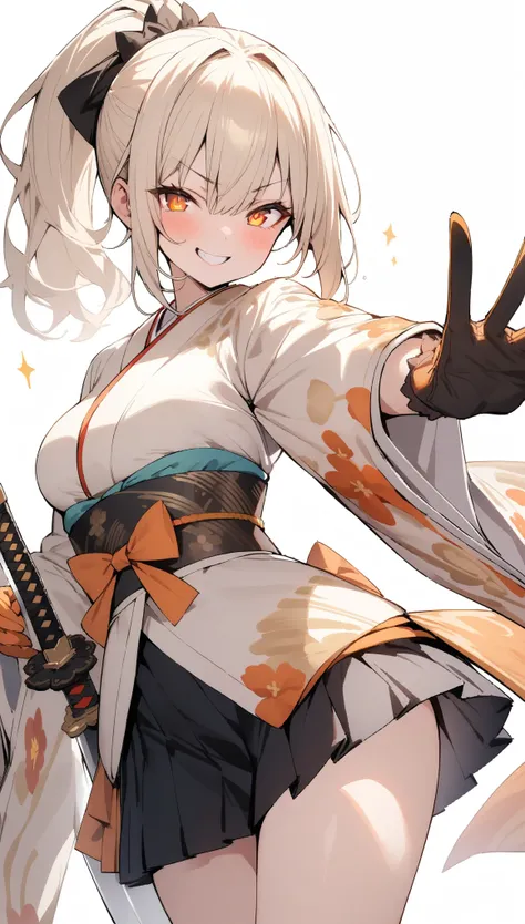 {{masterpiece}}, ,Attention to detail、One standing woman、1、Cream colored hair、ponytail、((Symbol-shaped pupil、Orange Eyes)),((White background)),kimono、skirt、Gloves、Wink、smile、Cowboy Shot、wearing katana sword