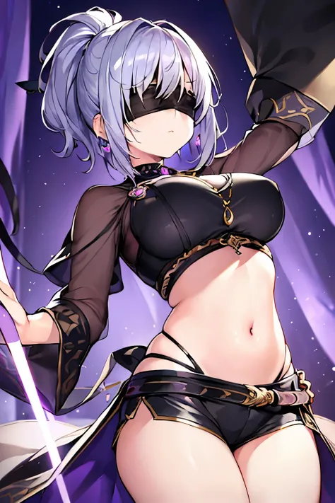 (4K、masterpiece、Best Quality、High image quality、Detailed light、Detailed Shadows、Detailed Design)、1 girl、Short Hair、Silver Hair、ponytail、Fantasy、Black clothes、Brave female warrior、Shorts、Belly button、Large Breasts、Earrings、(Purple glowing pendant)、highly de...