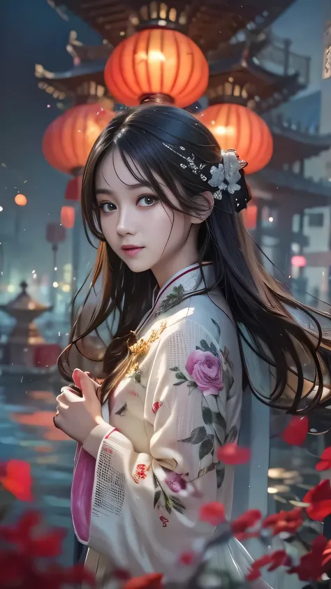 One Girl，Anatomically correct,Messy Hair，The white dress is not tied at the waist.，Delicate pattern，Oriental elements，Chinese Lantern，Lotus flower floating on the river，Ink painting style, Beautiful colors,Spooky Universe, Soft lighting, ( Bokeh)，masterpie...