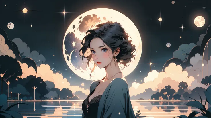 Highest quality, Big moon and shadow, Milky Way, A silhouette of a woman can be seen against the backdrop the moon,There is one full moon,There is a mood,Beautiful scenery,Starry Sky, 1 woman alone, cleavage, looking at camera